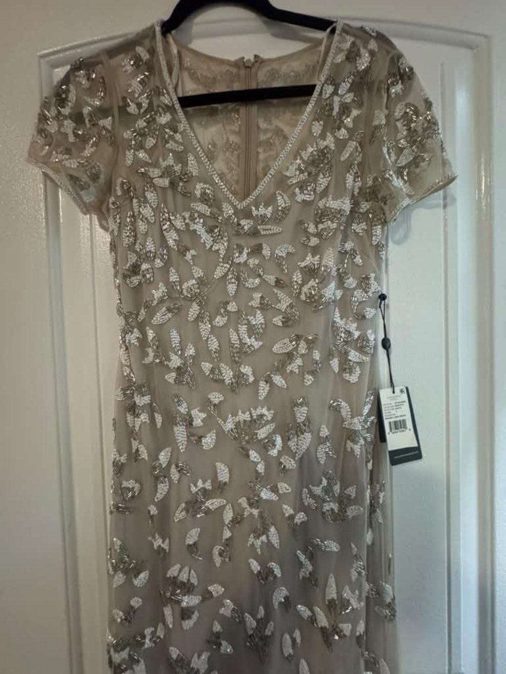 Adrianna Papell Beige Embellished V-Neck Midi Dress